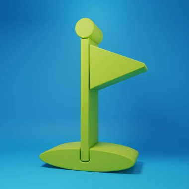 Mavi arkaplanda yeşil golf bayrağı simgesi izole edildi. Golf ekipmanı ya da aksesuar. Minimalizm kavramı. 3 Boyutlu resimleme.