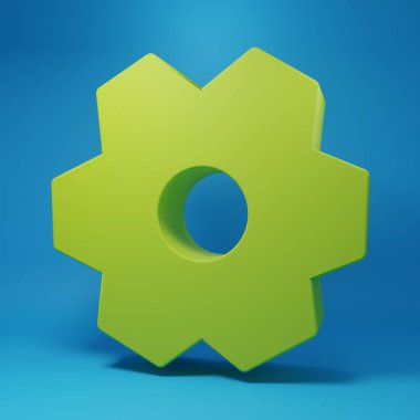 Mavi arkaplanda Green Gear simgesi izole edildi. Çarklı teçhizat ayarları. İşçi sembolü. Minimalizm kavramı. 3 Boyutlu resimleme.