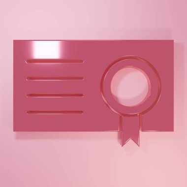 Pembe Sertifika şablon ikonu pembe arkaplanda izole edildi. Başarı, ödül, diploma, burs, diploma kavramları. Minimalizm kavramı. 3 Boyutlu resimleme.
