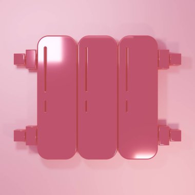 Pembe kalorifer ikonu pembe arka planda izole edilmiş. Minimalizm kavramı. 3 Boyutlu resimleme.