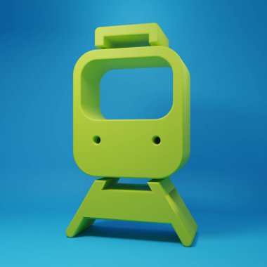 Green Train and railway icon isolated on blue background. Public transportation symbol. Subway train transport. Metro underground. Minimalism concept. 3D render illustration.