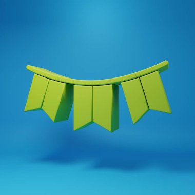 Mavi arka planda izole edilmiş bayrak ikonlu yeşil karnaval çelengi. Doğum günü kutlaması için parti flamaları, festival dekorasyonu. Minimalizm kavramı. 3 Boyutlu resimleme.