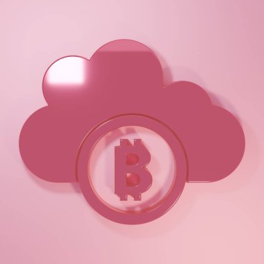 Pembe kripto para birimi bulut madenciliği ikonu pembe arka planda izole edilmiş. Engelleme teknolojisi, bitcoin, dijital para piyasası, kripto para cüzdanı. Minimalizm kavramı. 3 Boyutlu resimleme.