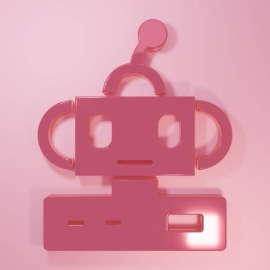 Pembe Robot oyuncak ikonu pembe arka planda izole edilmiş. Minimalizm kavramı. 3 Boyutlu resimleme.