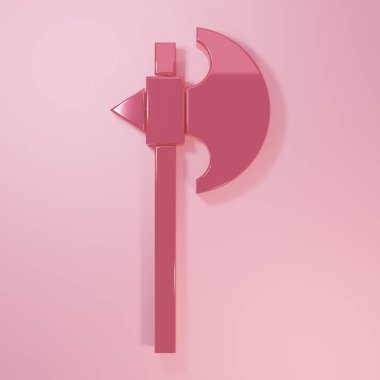 Pembe ortaçağ balta simgesi pembe arka planda izole edilmiş. Savaş baltası, cellat baltası. Ortaçağ silahı. Minimalizm kavramı. 3 Boyutlu resimleme.