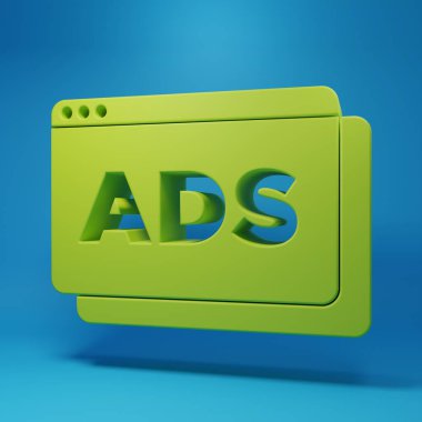 Mavi arkaplanda yeşil reklam simgesi izole edildi. Pazarlama ve tanıtım süreci kavramı. İlgili reklamlar. Sosyal medya reklamcılığı. Minimalizm kavramı. 3 Boyutlu resimleme.