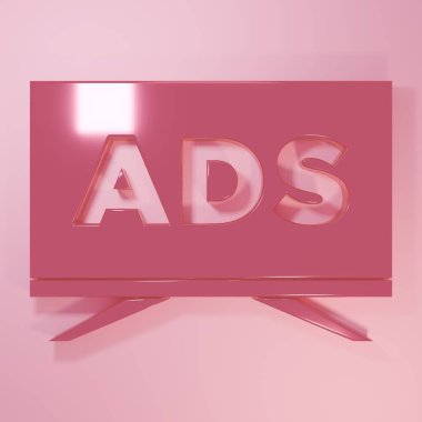 Pembe reklam simgesi pembe arkaplanda izole edilmiş. Pazarlama ve tanıtım süreci kavramı. İlgili reklamlar. Sosyal medya reklamcılığı. Minimalizm kavramı. 3 Boyutlu resimleme.