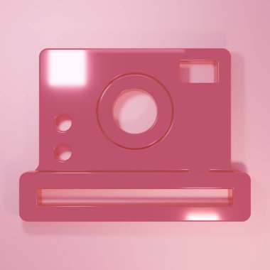 Pembe fotoğraf makinesi simgesi pembe arkaplanda izole edilmiş. Fotoğraf makinesi simgesi. Minimalizm kavramı. 3 Boyutlu resimleme.