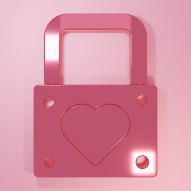Pembe kilit ve kalp ikonu pembe arka planda izole edilmiş. Kilitli Kalp. Aşk sembolü ve anahtar deliği işareti. Sevgililer Günü sembolü. Minimalizm kavramı. 3 Boyutlu resimleme.