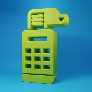 Green Cash register machine with a check icon isolated on blue background. Cashier sign. Cashbox symbol. Minimalism concept. 3D render illustration.