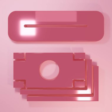 Pembe ATM - Otomatik veznedar ve para ikonu pembe arka planda izole edildi. Minimalizm kavramı. 3 Boyutlu resimleme.