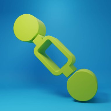 Green Dumbbell icon isolated on blue background. Muscle lifting icon, fitness barbell, gym, sports equipment, exercise bumbbell. Minimalism concept. 3D render illustration.