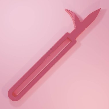 Pembe metal mızrak direği, pembe arka planda izole edilmiş ahşap saplı simge. Mızrak, kazma, kanca elle söndürme aleti ve itfaiyeci için alet. Minimalizm kavramı. 3 Boyutlu resimleme.