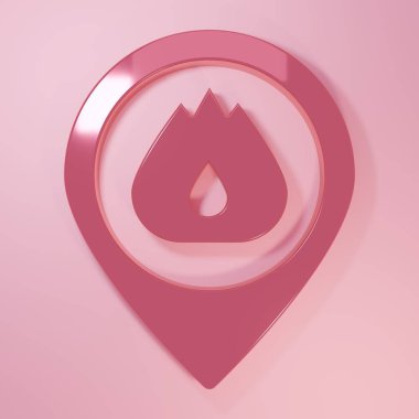 Pembe arka planda izole edilmiş ateş alevi simgesi olan pembe harita işaretçisi. Yakında yangın var. Minimalizm kavramı. 3 Boyutlu resimleme.