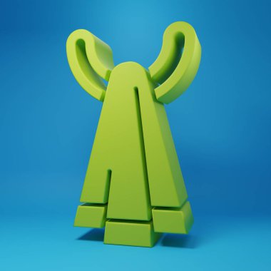 Mavi arka planda izole edilmiş askı simgesinin üzerindeki yeşil havlu. Banyo havlusu ikonu. Minimalizm kavramı. 3 Boyutlu resimleme.