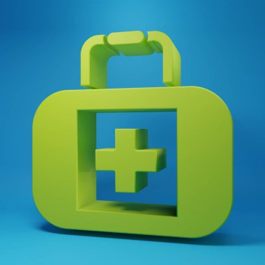 Green First aid kit icon isolated on blue background. Medical box with cross. Medical equipment for emergency. Healthcare concept. Minimalism concept. 3D render illustration.