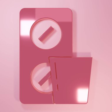 Pembe haplar pembe arka planda izole edilmiş su toplayıcı ikonunda. İlaç paketi. Tablet, vitamin, antibiyotik, aspirin. Minimalizm kavramı. 3 Boyutlu resimleme.