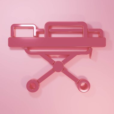 Pembe Sedye simgesi pembe arkaplanda izole edilmiş. Hastanenin tıbbi sedyesi. Minimalizm kavramı. 3 Boyutlu resimleme.