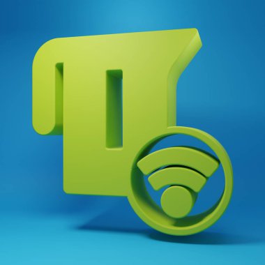 Yeşil Akıllı elektrikli su ısıtıcısı sistemi simgesi mavi arkaplanda izole edildi. Çaydanlık ikonu. İnternet kavramının kablosuz bağlantısı. Minimalizm kavramı. 3 Boyutlu resimleme.