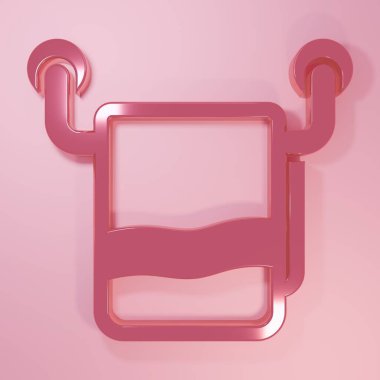 Pembe arka planda izole edilmiş bir askı ikonu üzerinde pembe havlu. Banyo havlusu ikonu. Minimalizm kavramı. 3 Boyutlu resimleme.