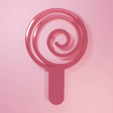 Pembe lolipop ikonu pembe arka planda izole edilmiş. Şeker işareti. Yemek, lezzetli bir sembol. Minimalizm kavramı. 3 Boyutlu resimleme.