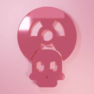 Pembe Radyoaktif simge pembe arka planda izole edilmiş. Radyoaktif zehirli sembol. Radyasyon tehlikesi işareti. Minimalizm kavramı. 3 Boyutlu resimleme.