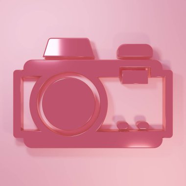 Pembe fotoğraf makinesi simgesi pembe arkaplanda izole edilmiş. Foto kamera. Dijital fotoğrafçılık. Minimalizm kavramı. 3 Boyutlu resimleme.