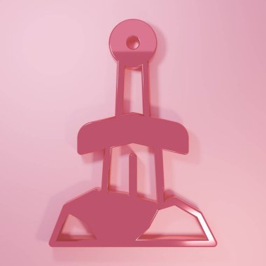Pembe arka planda izole edilmiş taş ikonundaki pembe kılıç. Taştaki kılıç Excalibur, Arthur efsanelerinden. Minimalizm kavramı. 3 Boyutlu resimleme.