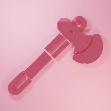 Pembe tahta balta ikonu pembe arka planda izole edilmiş. Oduncu baltası. Minimalizm kavramı. 3 Boyutlu resimleme.