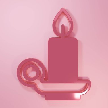 Pembe arka planda izole edilmiş şamdan ikonunda pembe yanan mum. Silindirik mum çubuğu ve yanan ateş. Minimalizm kavramı. 3 Boyutlu resimleme.