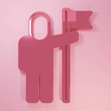Pembe Adam 'ın elinde pembe arka planda izole edilmiş bir bayrak simgesi var. Zafer, kazanmak ve zorluk konseptini fethetmek. Minimalizm kavramı. 3 Boyutlu resimleme.
