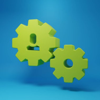 Mavi arka planda vites simgesi olan yeşil insan. Yapay zeka. Beyin işaretini düşünüyorum. Beynin sembol çalışması. Minimalizm kavramı. 3 Boyutlu resimleme.