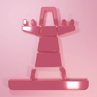Pembe Elektrik Kulesi pembe arka planda izole edilmiş bir güç hattı simgesini desteklemek için kullanılır. Yüksek voltajlı elektrik direği hattı. Minimalizm kavramı. 3 Boyutlu resimleme.