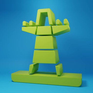 Yeşil Elektrik Kulesi mavi arkaplanda izole edilmiş bir güç hattı simgesini desteklemek için kullanılır. Yüksek voltajlı elektrik direği hattı. Minimalizm kavramı. 3 Boyutlu resimleme.