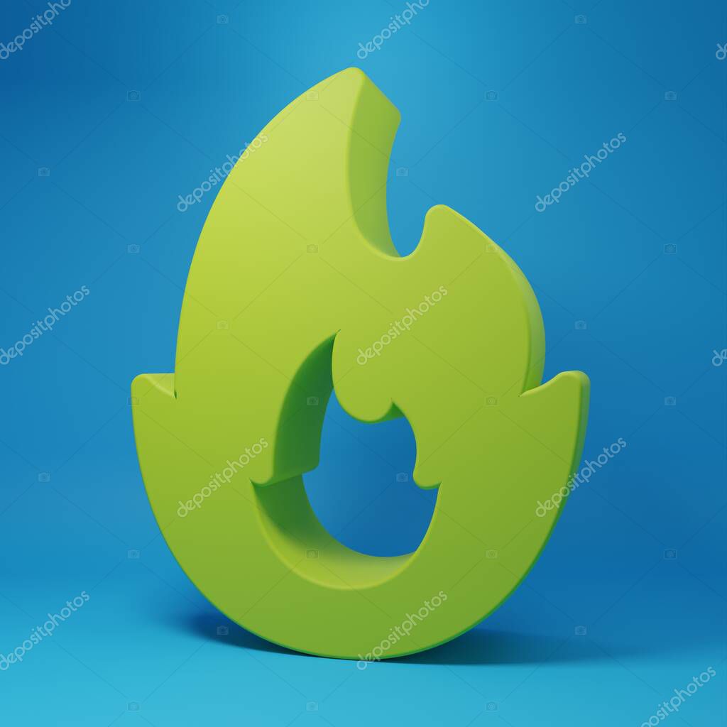 Green Fire flame icon isolated on blue background. Minimalism concept. 3D render illustration.