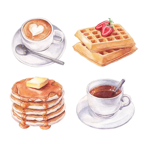 Watercolor breakfast set. Hand drawn cup of tea, latte coffee, pancakes with maple syrup and waffles on a white