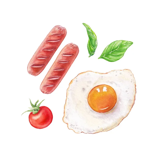 Aquarell Frühstück Handgezeichnete Illustration Von Spiegelei Würstchen Und Kirschtomaten — Stockfoto