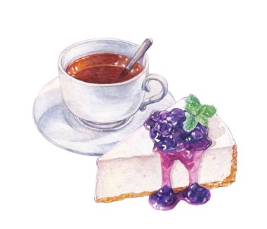 Suluboya çay ve bir dilim yaban mersinli cheesecake.