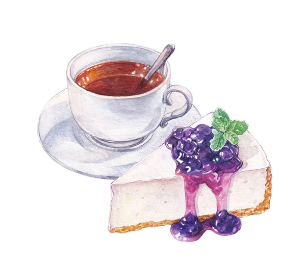 Suluboya çay ve bir dilim yaban mersinli cheesecake.