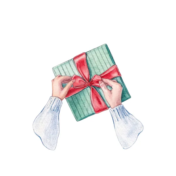 Christmas gift wrapping. Watercolor illustration with New Year\'s green gift. Girl\'s hands in a sweater tying a red bow