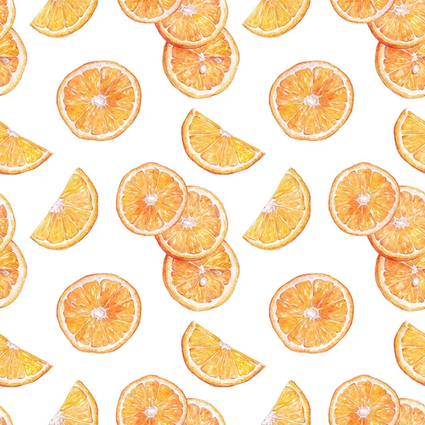 Acquerello Modello Senza Soluzione Continuità Con Fette Frutta Arancione Bianco — Foto Stock