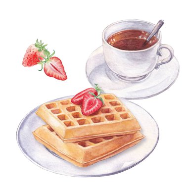 Çilekli suluboya waffle ve bir fincan çay. Kahvaltı çizimi