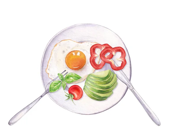 Frühstücksillustration Aquarell Weißer Teller Mit Spiegelei Avocado Tomate Und Pfeffer — Stockfoto