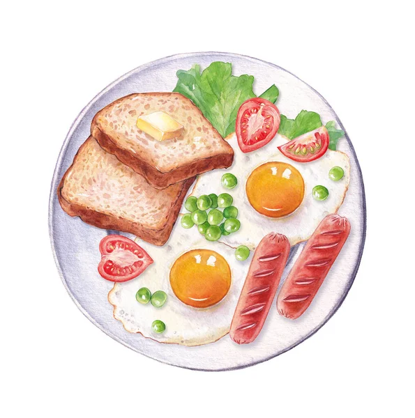 Akwarelowa Ilustracja Śniadaniowa Biały Talerz Jajkiem Smażonym Kiełbasą Pomidorem Tostem — Zdjęcie stockowe