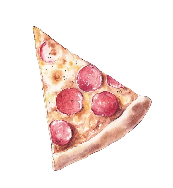 Akwarela Kawałek Pizzy Pepperoni — Zdjęcie stockowe