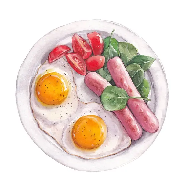 朝食の水彩イラスト ホワイトプレートの揚げ卵 ソーセージ サラダ ストック写真