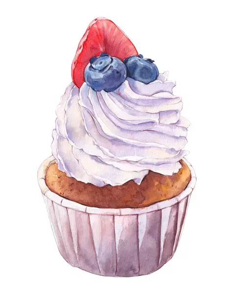 水彩カップケーキはブルーベリーとイチゴを飾りました ストック画像