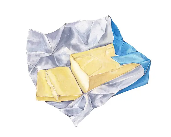 青い包装の水彩バター 乳製品イラスト ストック画像