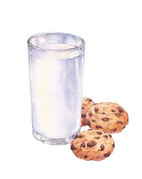 ミルクとチョコレートチップクッキーの水彩グラス 手描き朝食イラスト ストック写真