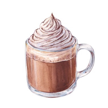 Krem şantili suluboya bardak kakao. Sıcak çikolata çizimi